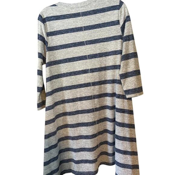 Navy Blue & Gray Striped ALine Dress 3/4 Sleeves Asymmetrical Hem Lightweight - Picture 2 of 6